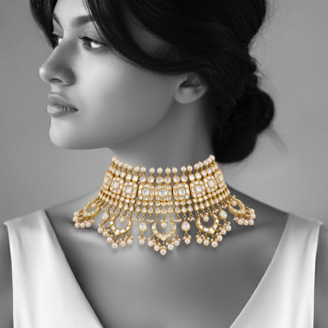 Regal Polki and Pearl Choker Necklace